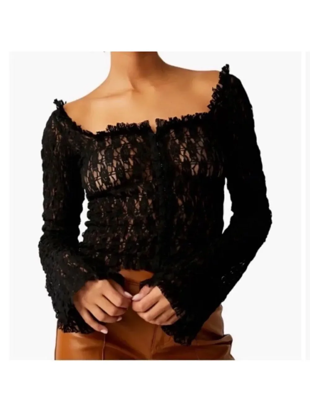 free people XS-S Madison Black Hook Eye Cropped Bell Sleeve Lace Top